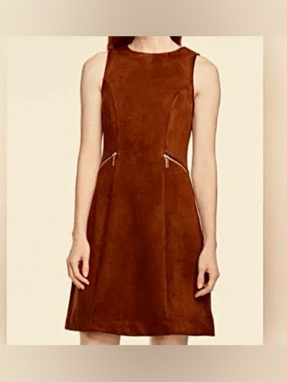Ann Taylor Factory Brown Zipper Pocket Flare Faux Suede Dress Sz 12P Sleeveless